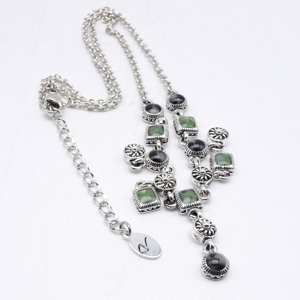 Signed Silver tone Chain Green Enamel Dangle Waterfall Accents 16" - 17.5"