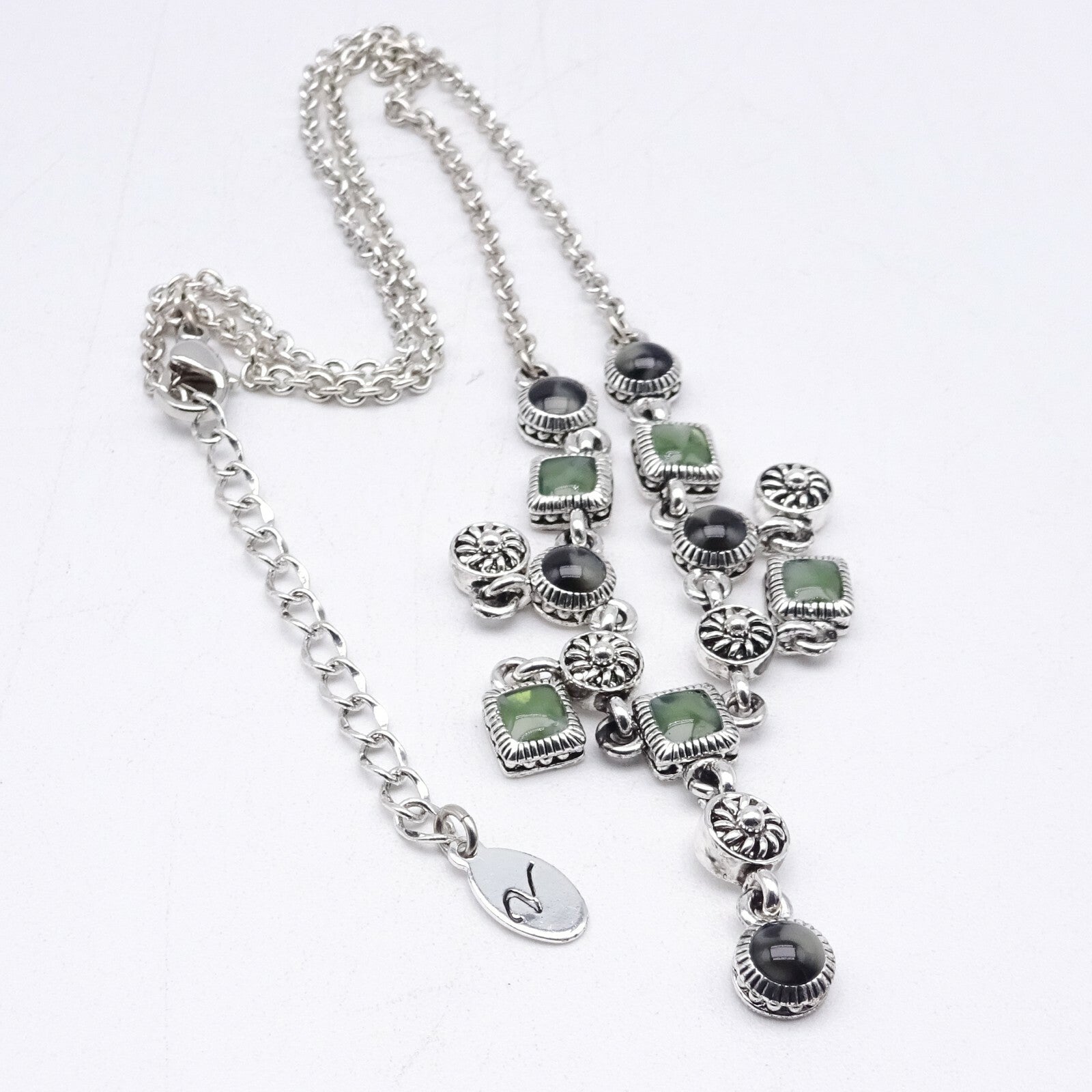Signed Silver tone Chain Green Enamel Dangle Waterfall Accents 16" - 17.5"