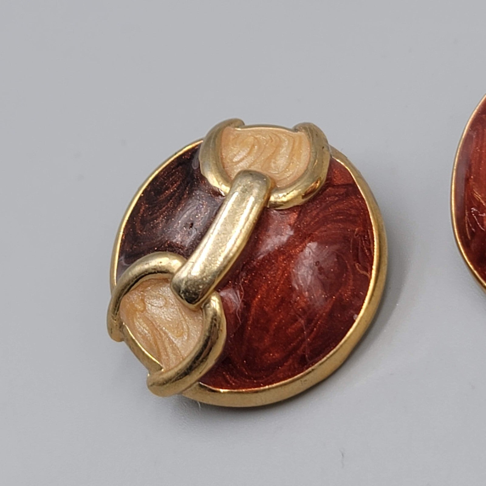Vintage Pierced Earrings Red Brown Enamel Gold tone Dome 1"