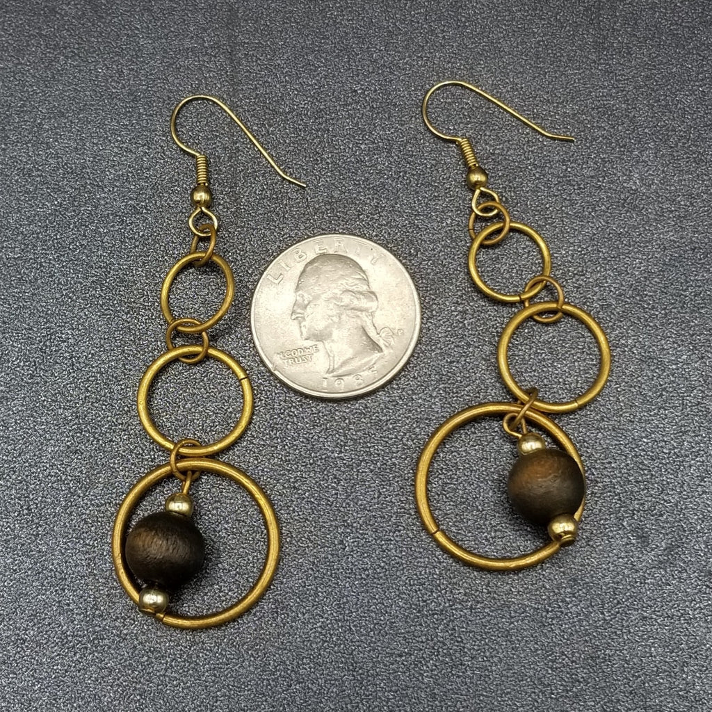 Pierced Earrings Antiqued Gold tone Graduated Chain Wood Bead Dangle 2 1/8"