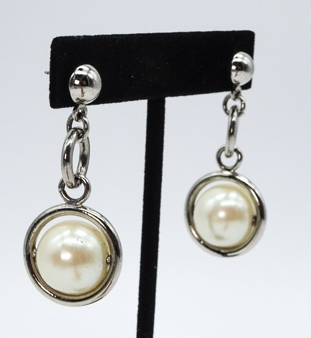 Silvertone Dangle Faux Pearl Pierced Earrings Estate Costume Jewelry 2" 