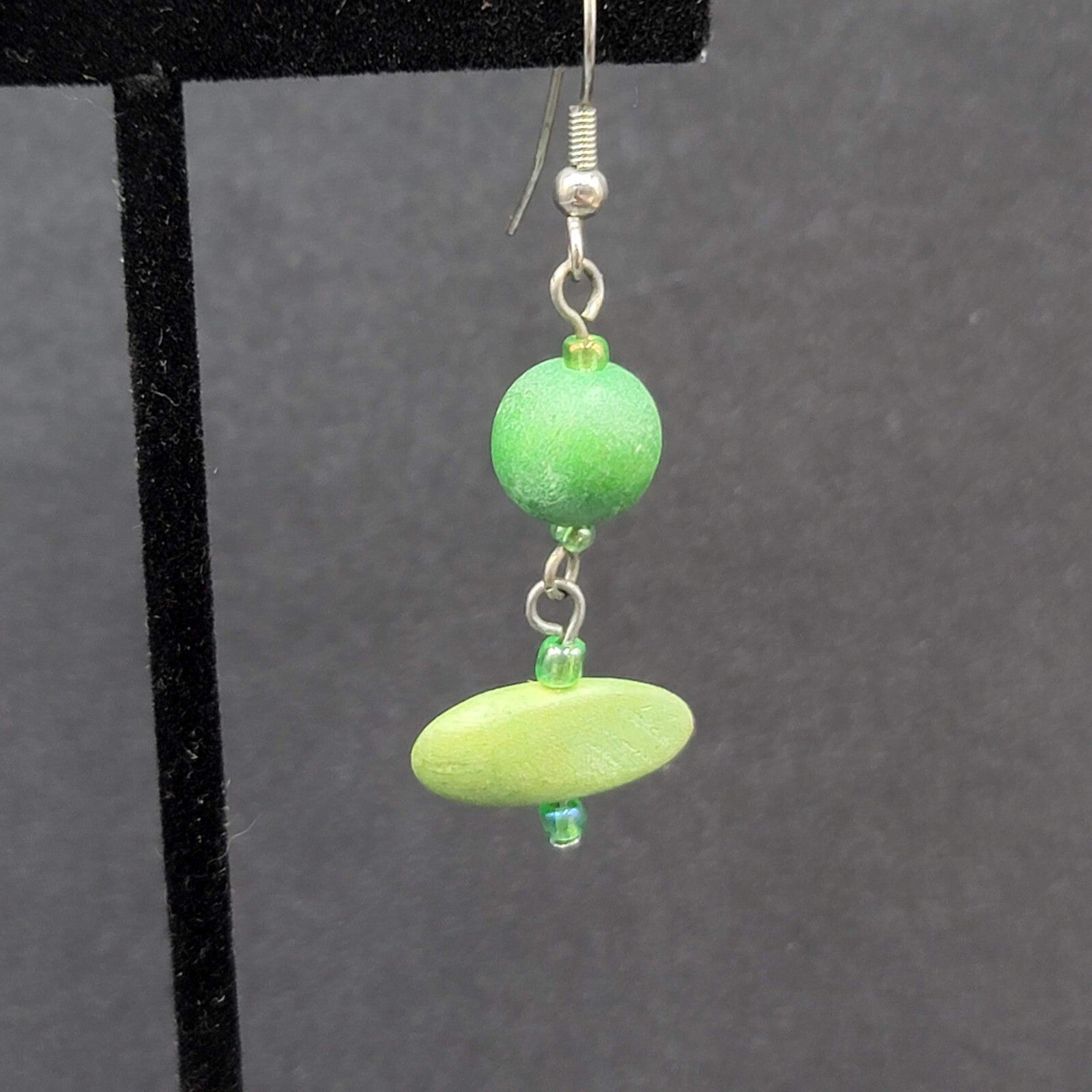 Pierced Earrings Silver tone Green Wood Bead Dangle 1.5"