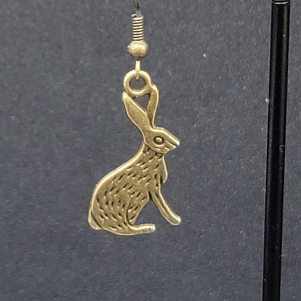 New BUNNY RABBIT Pierced Earrings Bronze tone Dangle Embossed 1"
