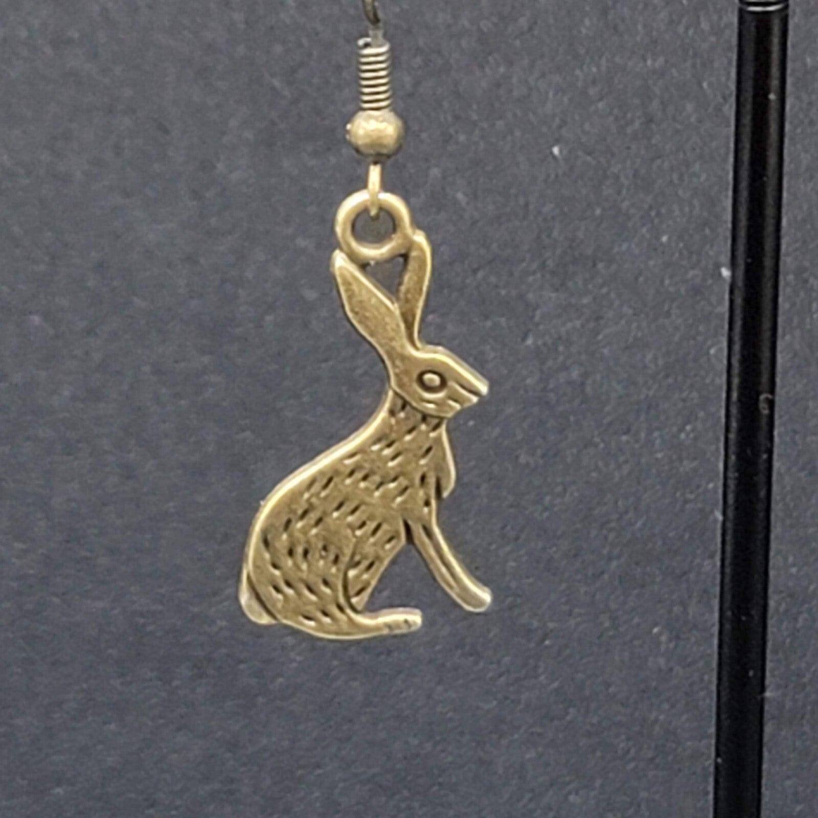 New BUNNY RABBIT Pierced Earrings Bronze tone Dangle Embossed 1"