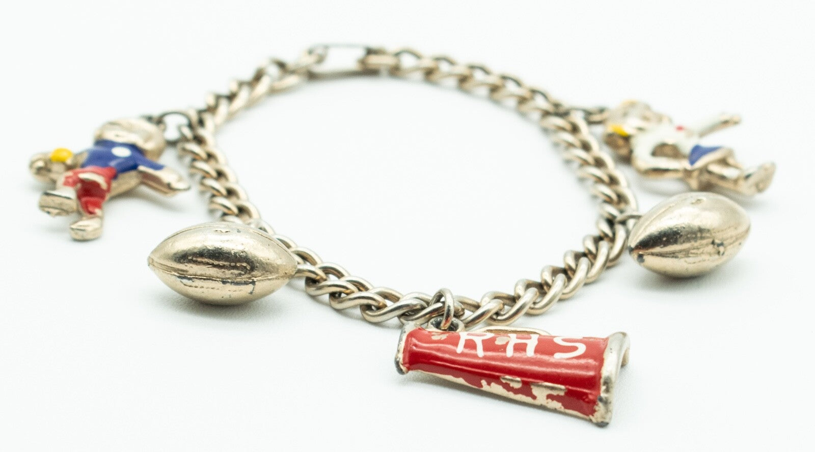 Vintage Cheerleader Football RHS Charm Bracelet Silver tone Enamel Estate 6 1/2"