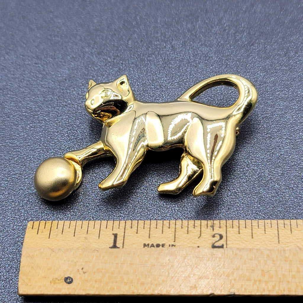 Vintage Brooch Gold Plated Cat Kitty Playing with Ball Polished 2.5"