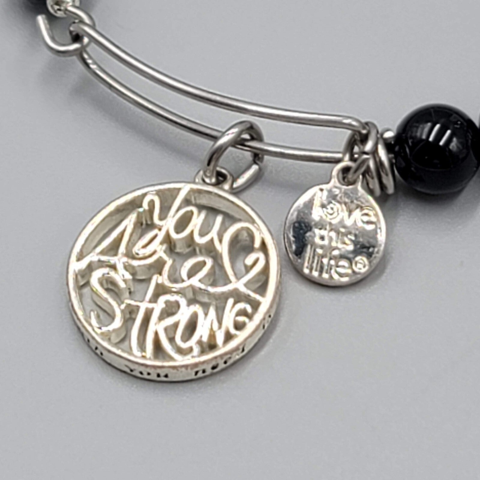 Black Glass Bead Bracelet Silver Tone You Are Strong Charm 7.5 in