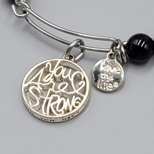 Black Glass Bead Bracelet Silver Tone You Are Strong Charm 7.5 in