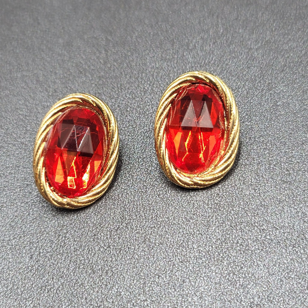 Vintage Pierced Earrings Gold Plated Red Faceted Glass Drop 1"