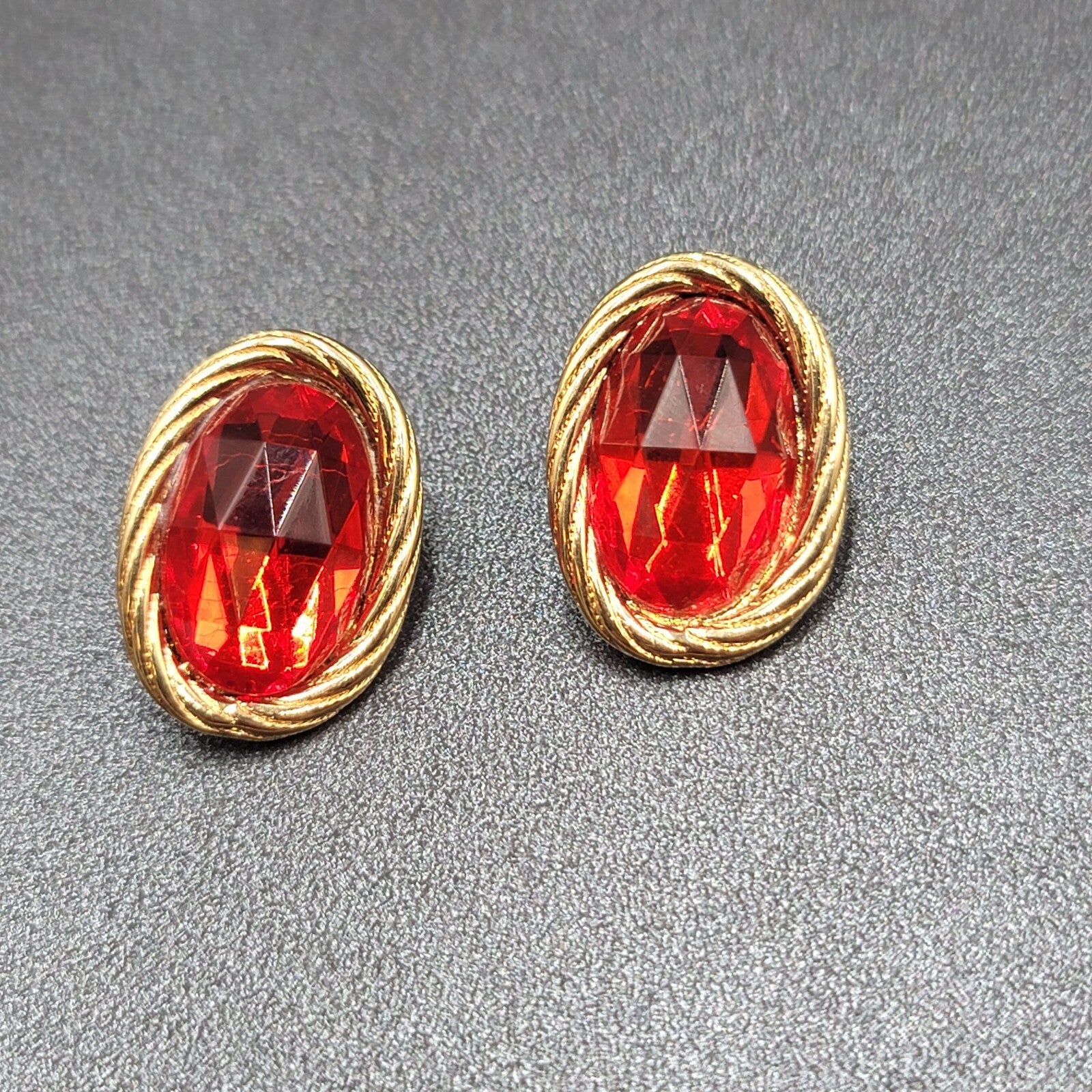 Vintage Pierced Earrings Gold Plated Red Faceted Glass Drop 1"