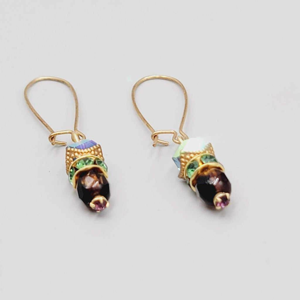 Multicolor Faceted Bead Pierced Earrings Long Gold tone Hooks 1.75"