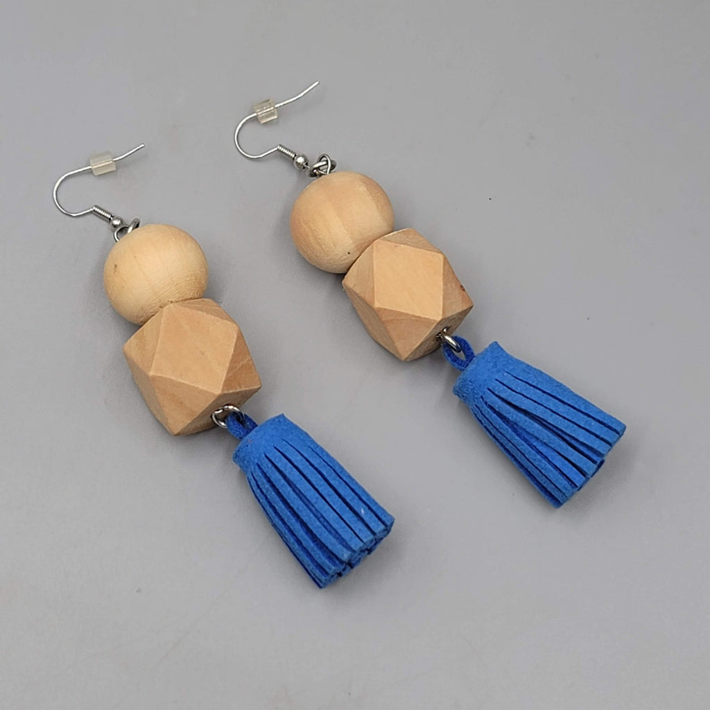 Statement Wood Bead Pierced Earrings Blue Tassel Boho Dangle Long Large 3.25"