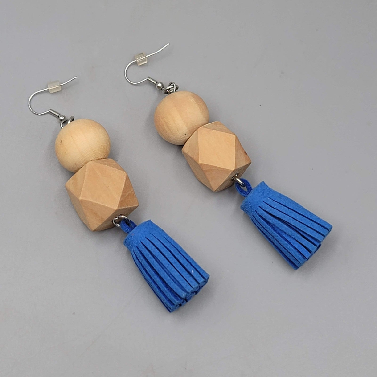 Statement Wood Bead Pierced Earrings Blue Tassel Boho Dangle Long Large 3.25"