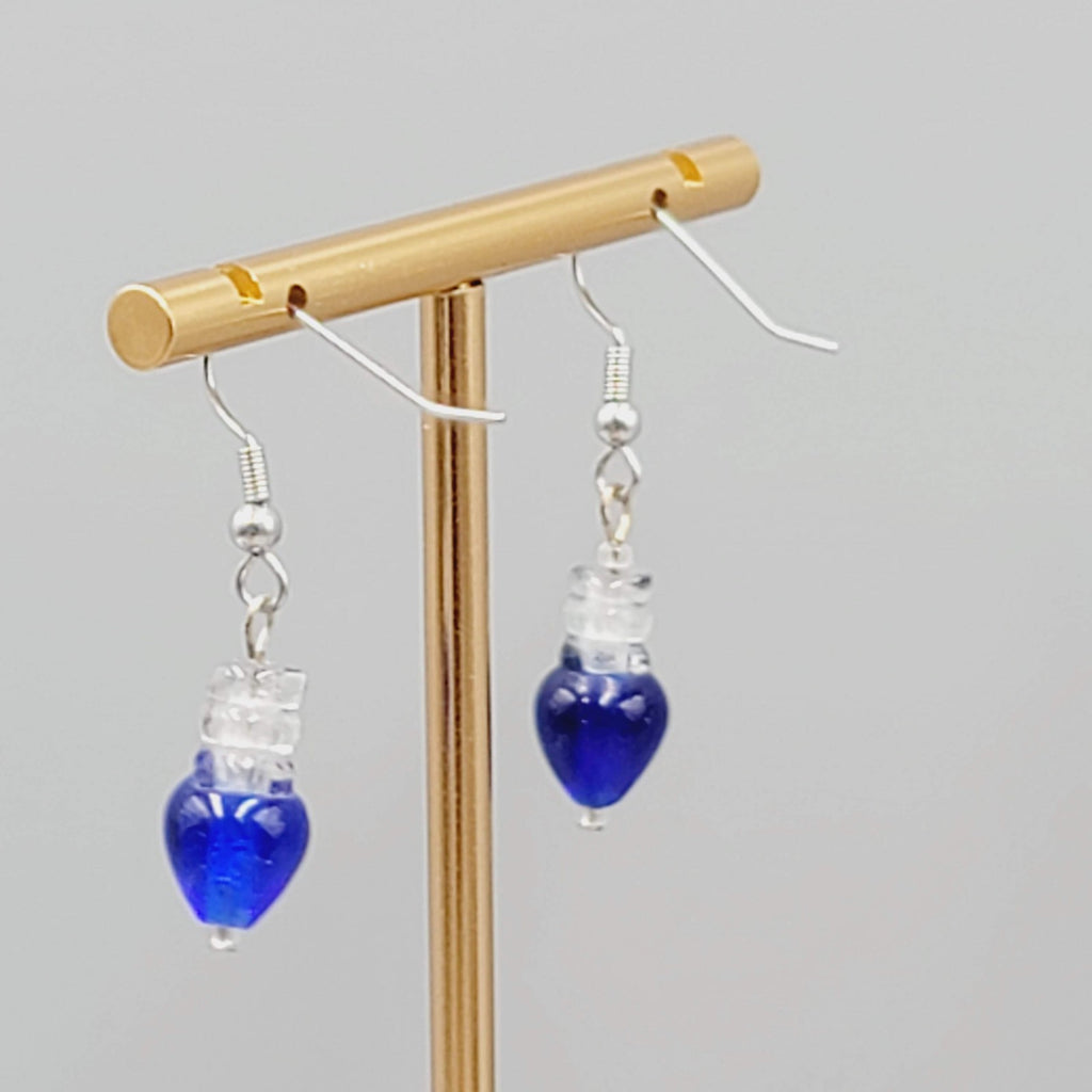 Blue Glass Bead Pierced Earrings Dangle Silver Tone