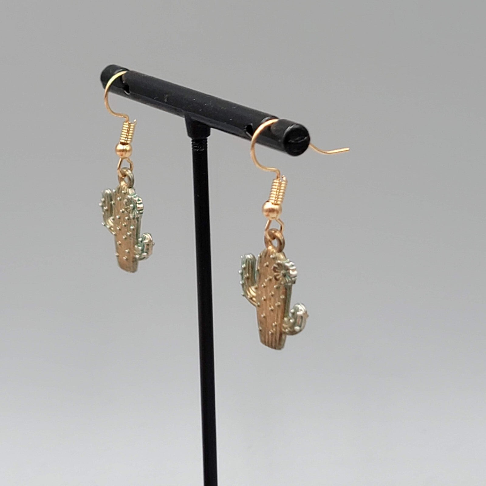 Saguaro Cactus Pierced Earrings Gold tone Dangle 3/4"