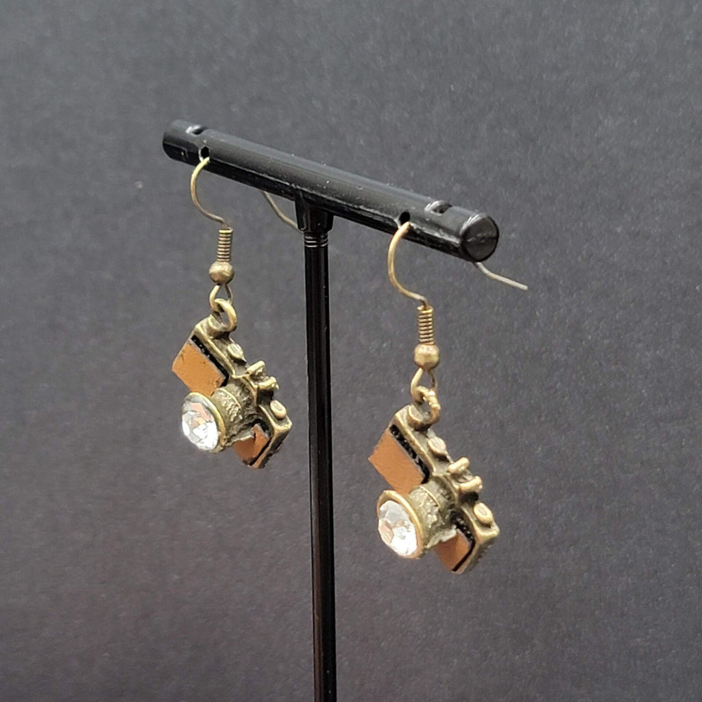 New Rhinestone Camera Pierced Earrings Bronze tone Dangle 3/4"