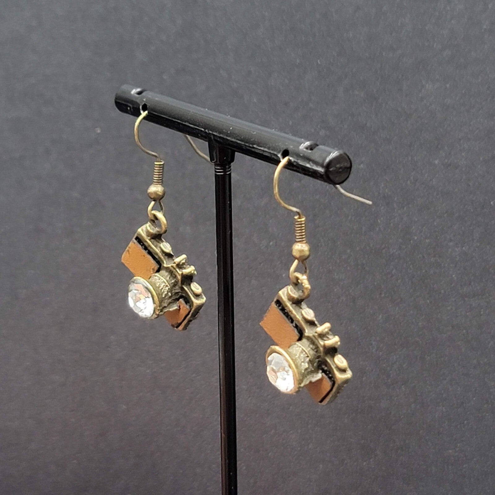 New Rhinestone Camera Pierced Earrings Bronze tone Dangle 3/4"