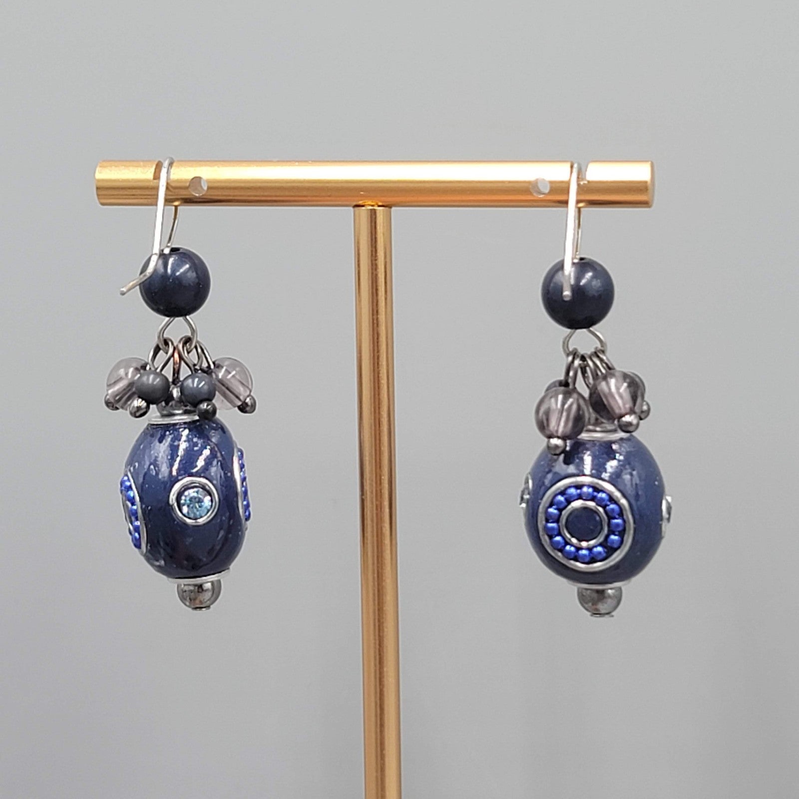 Blue Bead Pierced Earrings Crystal Silver tone Dangle 1.25 in