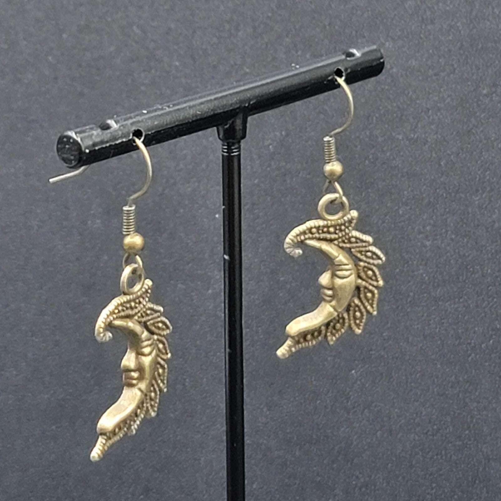 New Moon Face Pierced Earrings Bronze tone Dangle Embossed 1"