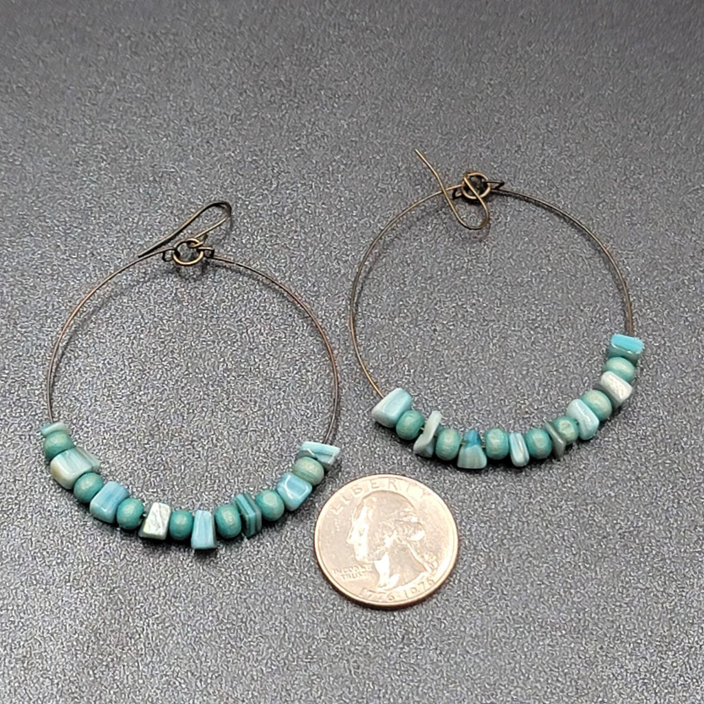 Pierced Earrings Bronze tone Blue Shell and Wood Bead Hoops  2"