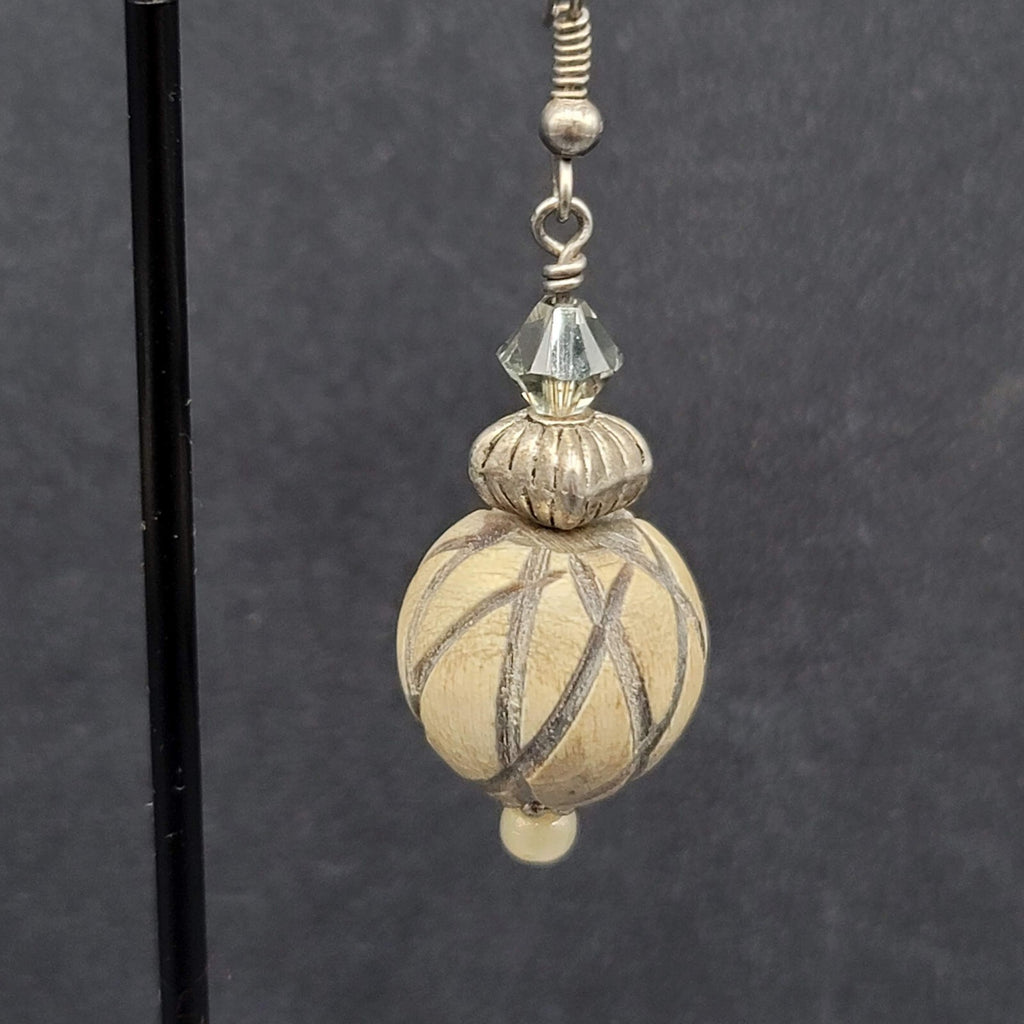 Vintage Pierced Earrings Silver tone Crystal and Wood Carved Bead Dangle 1.5"