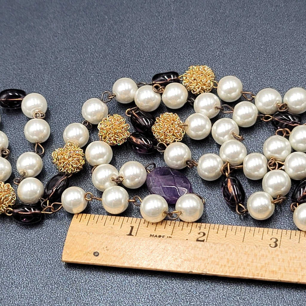 Long Necklace Faux Pearl Gold tone Wire Amethyst and Glass Beads 40"