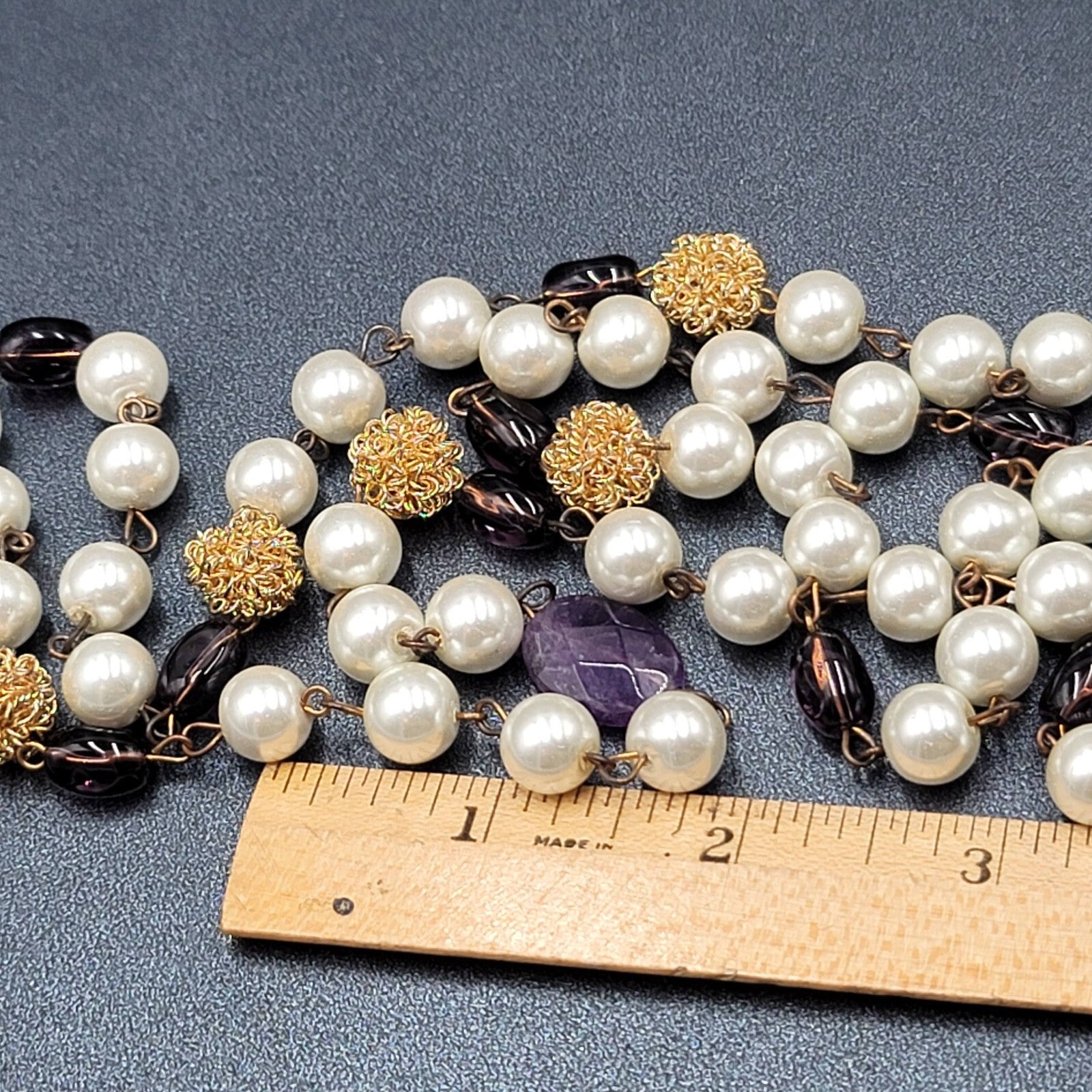 Long Necklace Faux Pearl Gold tone Wire Amethyst and Glass Beads 40"