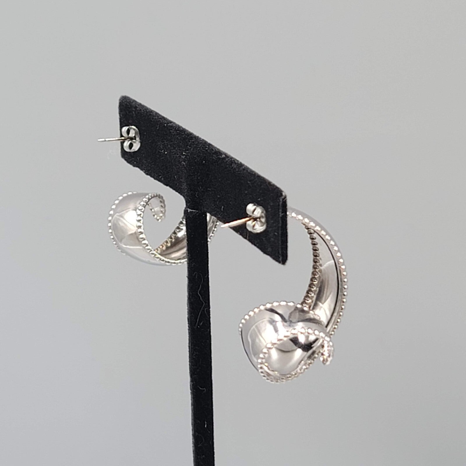 Vintage Curly Hoops Pierced Earrings High Polish Silver tone Drop 1.25"