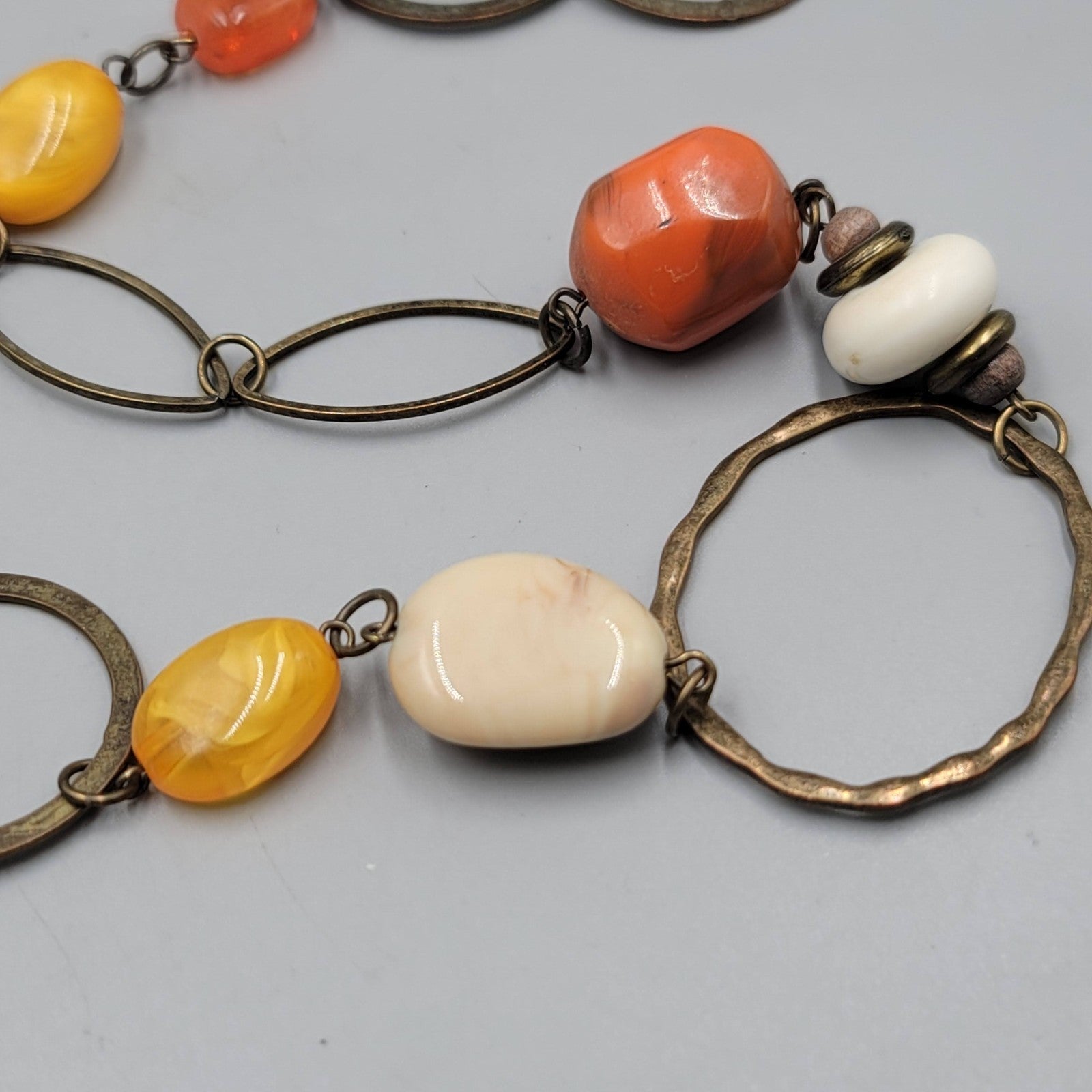 Autumn Fall Bead Necklace Bronze tone Circles Long 32 in