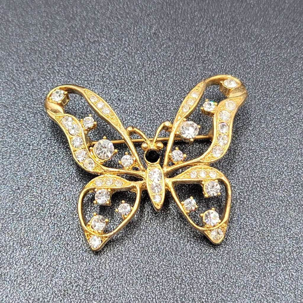 Vintage Butterfly Brooch Gold Plated Black Rhinestone 1.5"