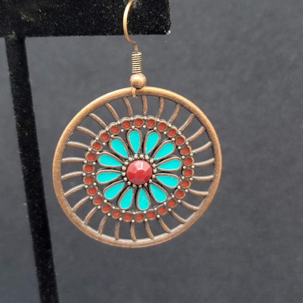 New Boho Pierced Earrings Bronze tone Blue Enamel Round Open Flower Dangle 1.25"