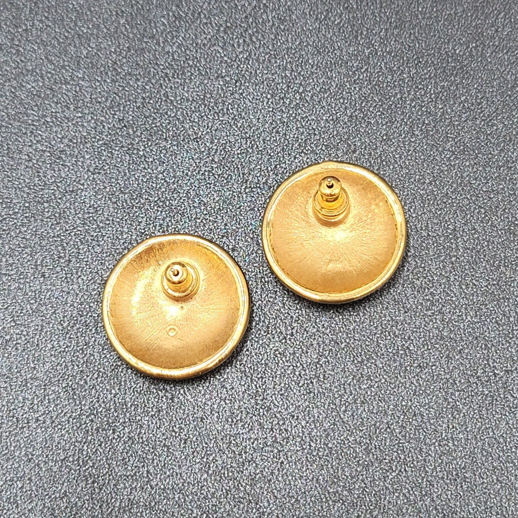 Vintage MONET Pierced Earrings Gold Plated Cream White Enamel Round 7/8"