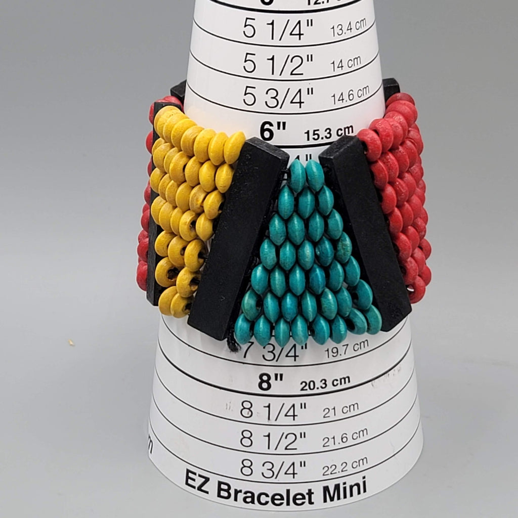Wide Wood Bead Bracelet Teal Yellow Red 2" x 7"