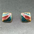 Vintage Pierced Earrings Gold plated Green Purple Enamel Geometric Drop 7/8"