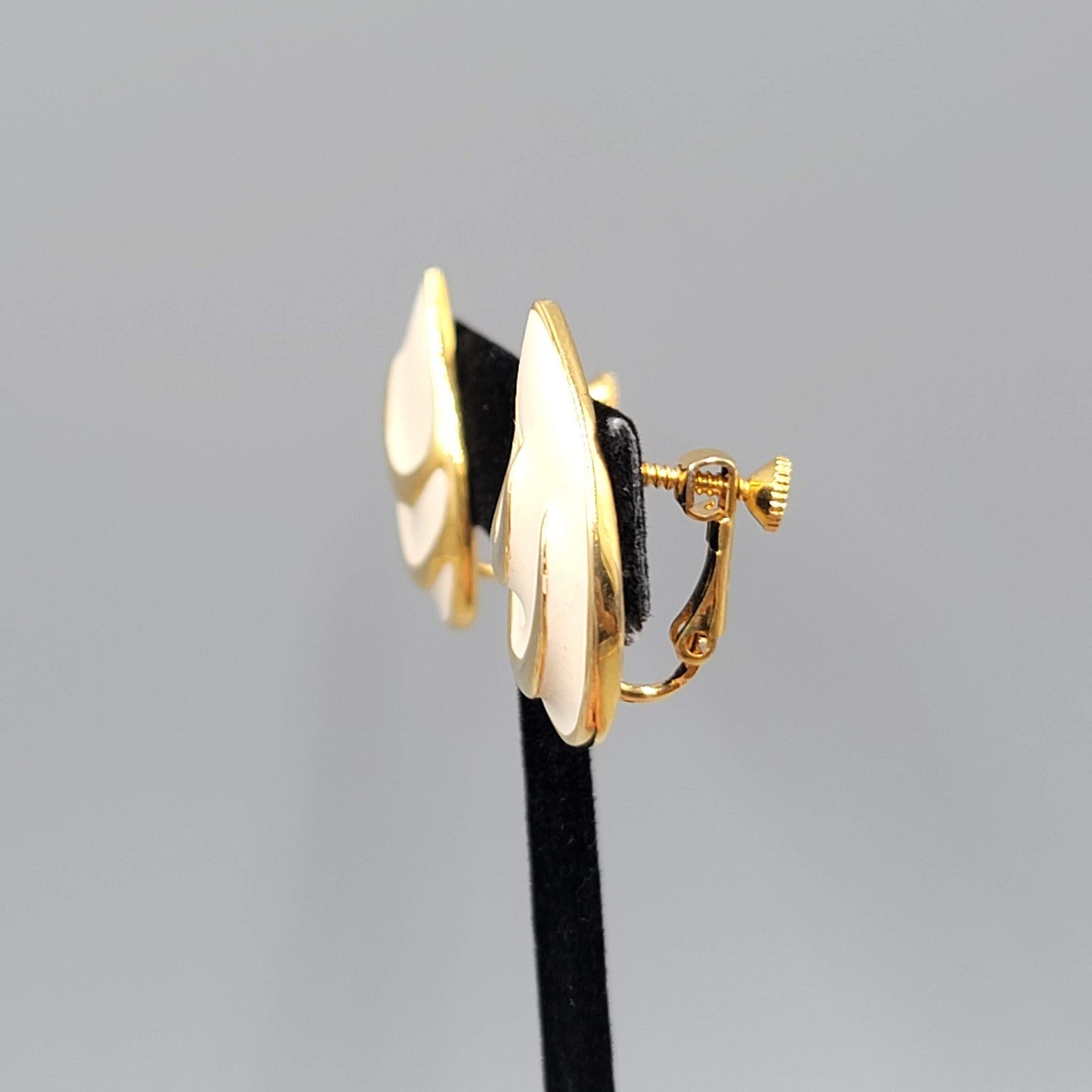Vintage White Enamel Clip on Earrings Gold Plated Drop Signed JS 1 1/8"