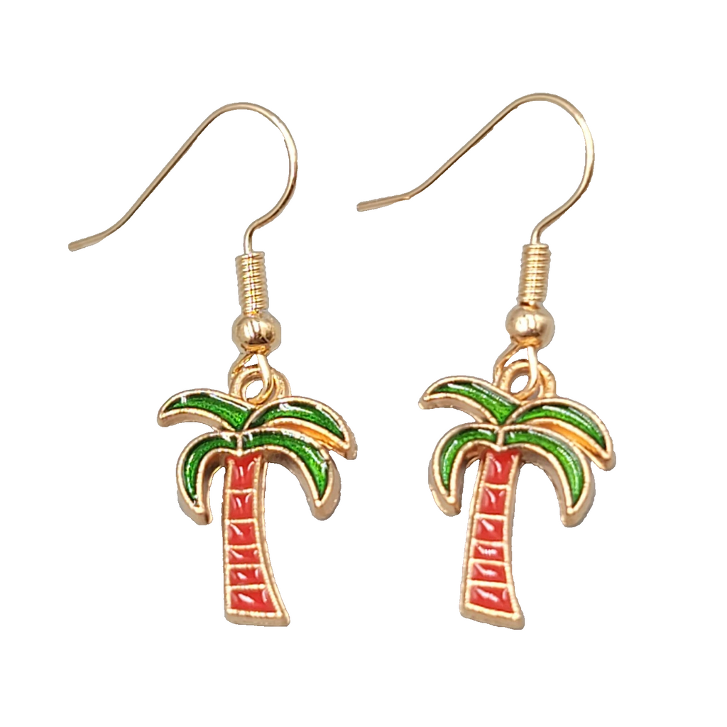 Enamel Palm Tree Pierced Earrings Gold tone Dangle Red Trunk 3/4"