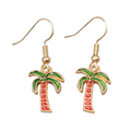 Enamel Palm Tree Pierced Earrings Gold tone Dangle Red Trunk 3/4"