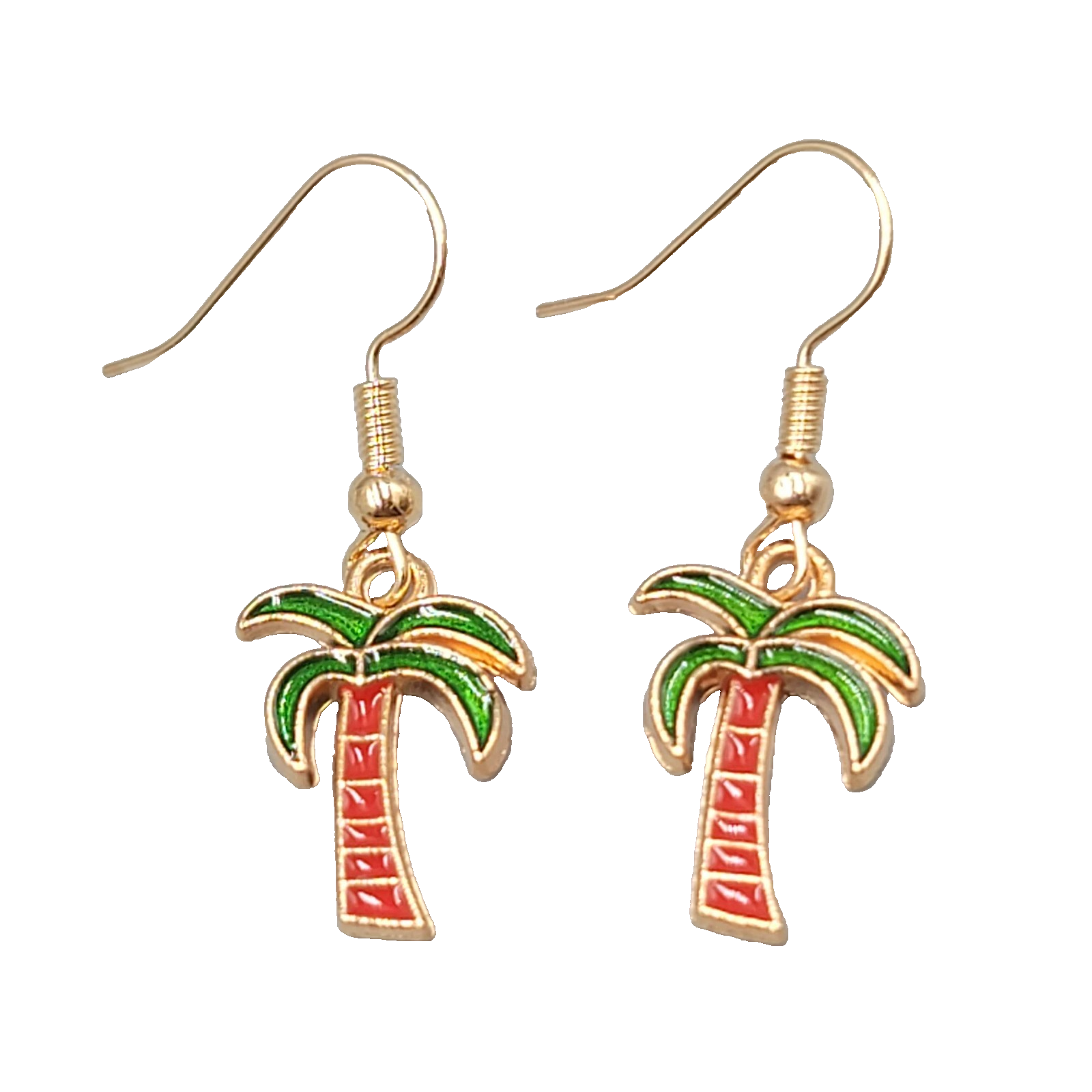 Enamel Palm Tree Pierced Earrings Gold tone Dangle Red Trunk 3/4"
