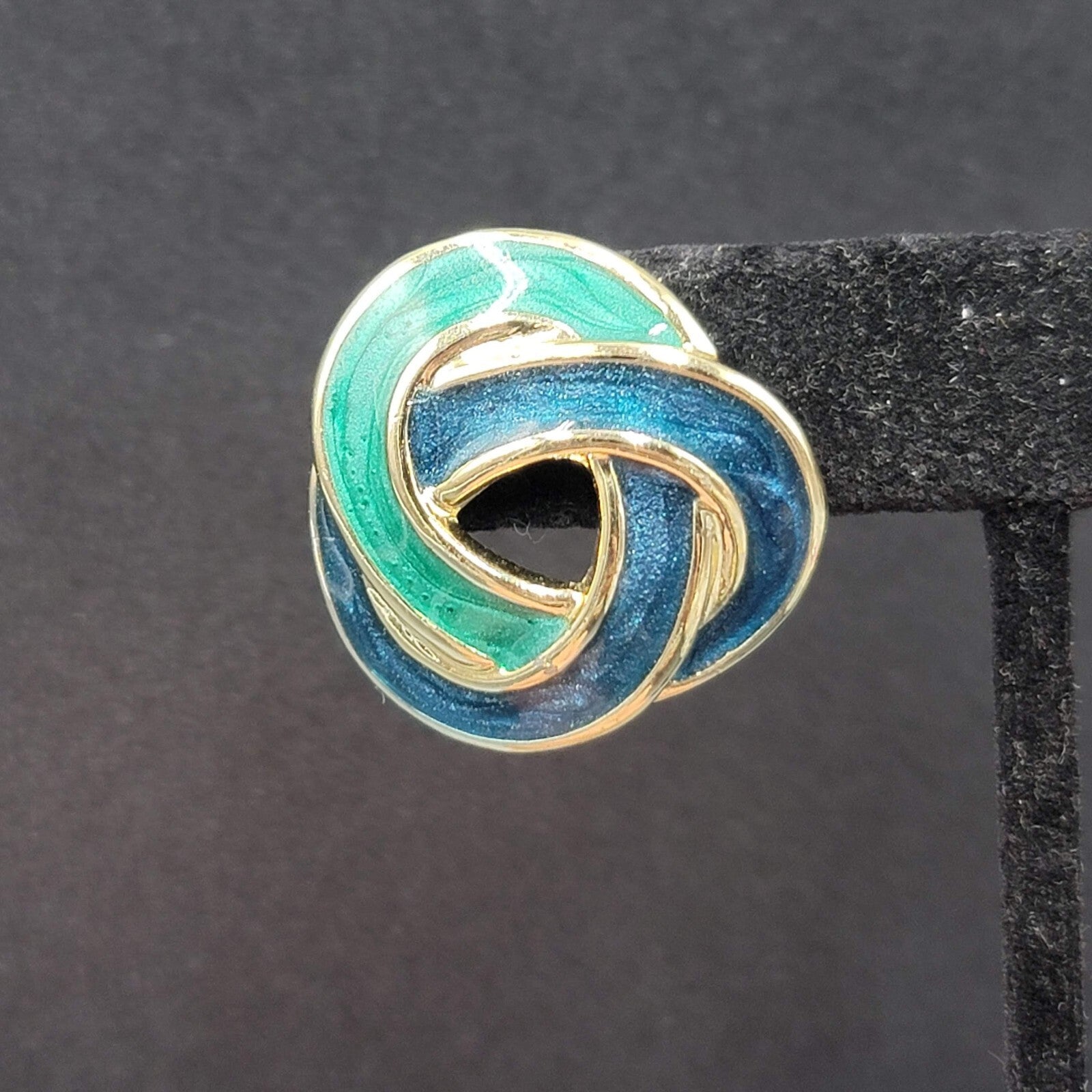 Vintage Pierced Earrings Gold tone Green Blue Enamel Twist Open Work Knot 1 1/8"