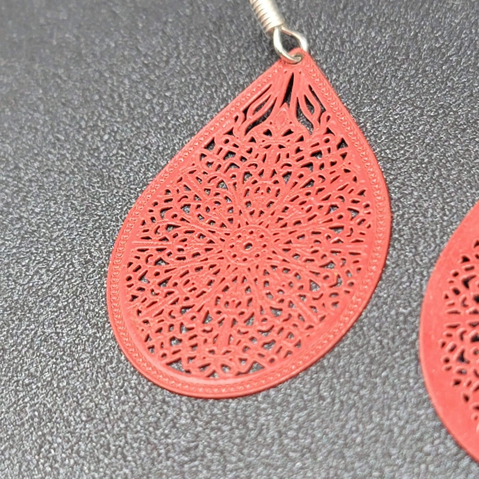 Pierced Earrings Silver tone Red Enamel Open Work Laser cut Teardrop 1 3/8"