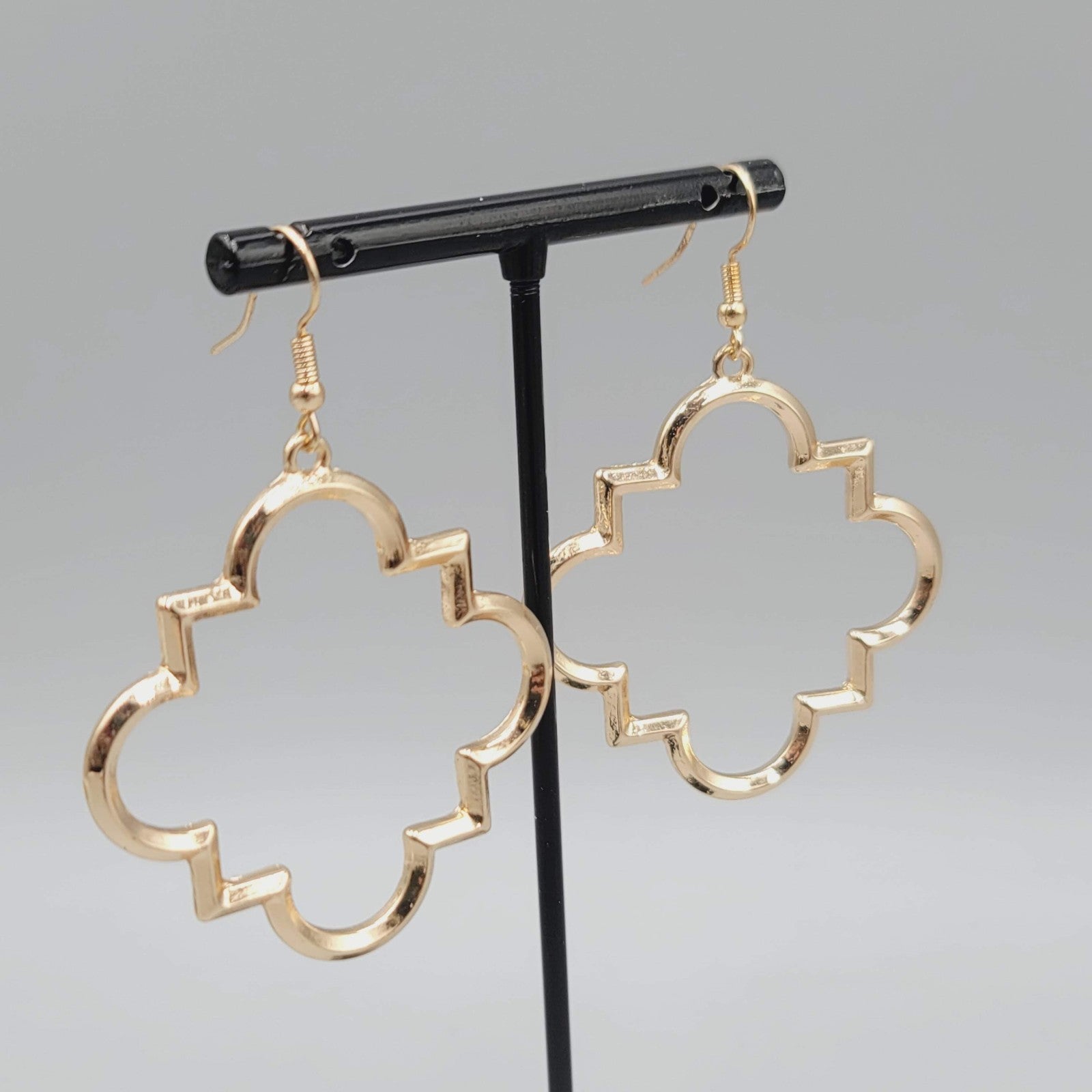 Pierced Earrings Open Work Gold tone Dangle Geometric  1.75"