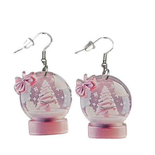 Christmas Snow Globe Pierced Earrings Silver tone Dangle Pink Tree Acrylic 1.25"