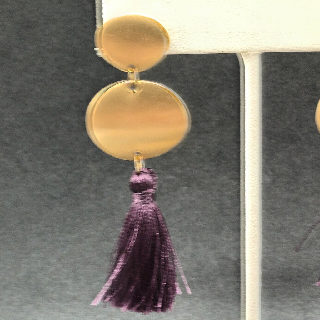 Pierced Earrings Gold tone Purple Tassel Statement Dangle 2 5/8"