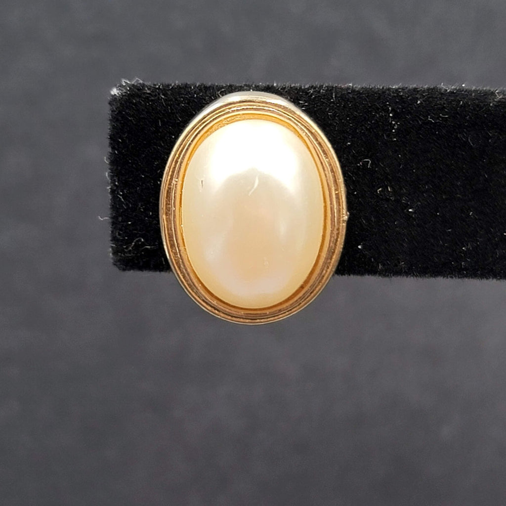 Vintage Avon Clip on Earrings Gold tone Oval White Cabochon Studs 5/8"