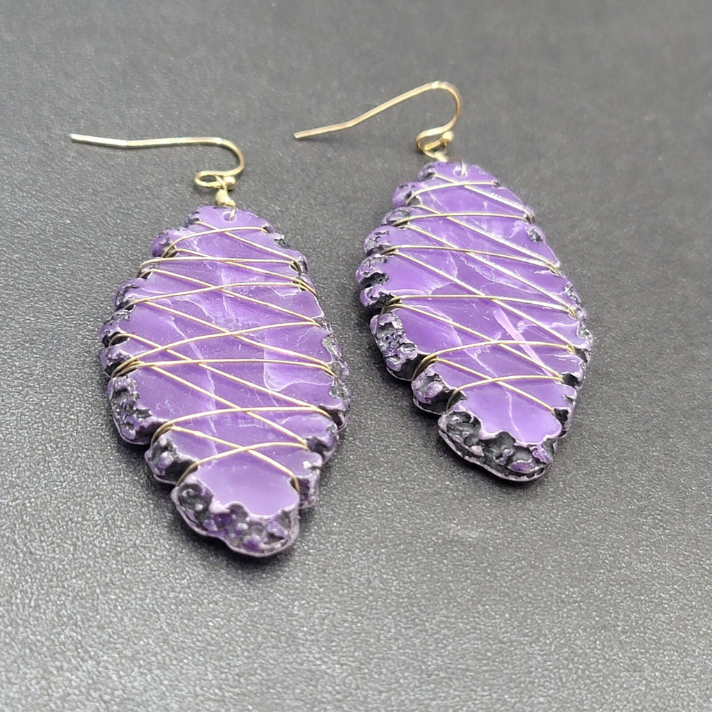 Artisan Pierced Earrings Wire Wrapped Purple Stone Dangle 2"