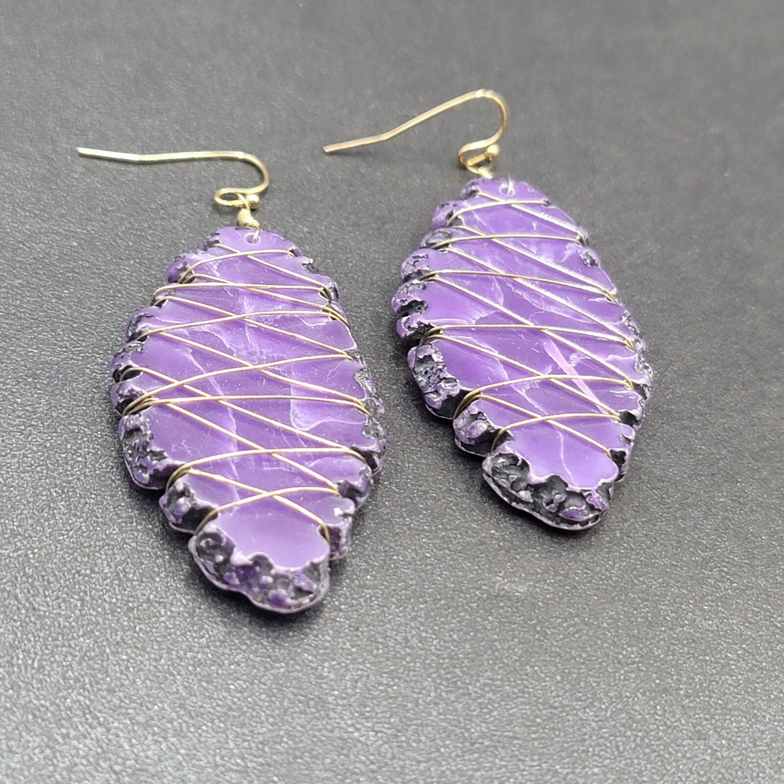 Artisan Pierced Earrings Wire Wrapped Purple Stone Dangle 2"
