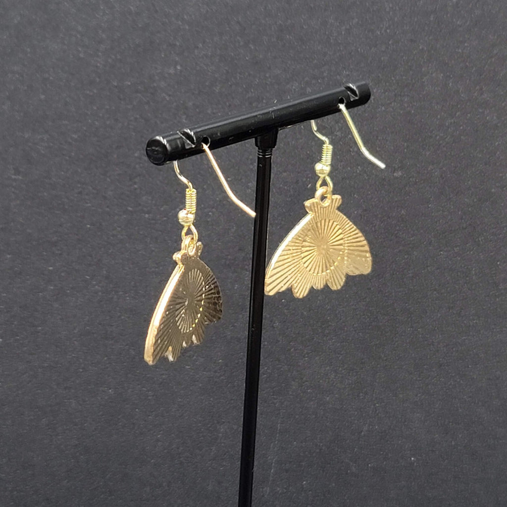 Evil Eye Moth Pierced Earrings Gold tone Blue Enamel Dangle 3/4"
