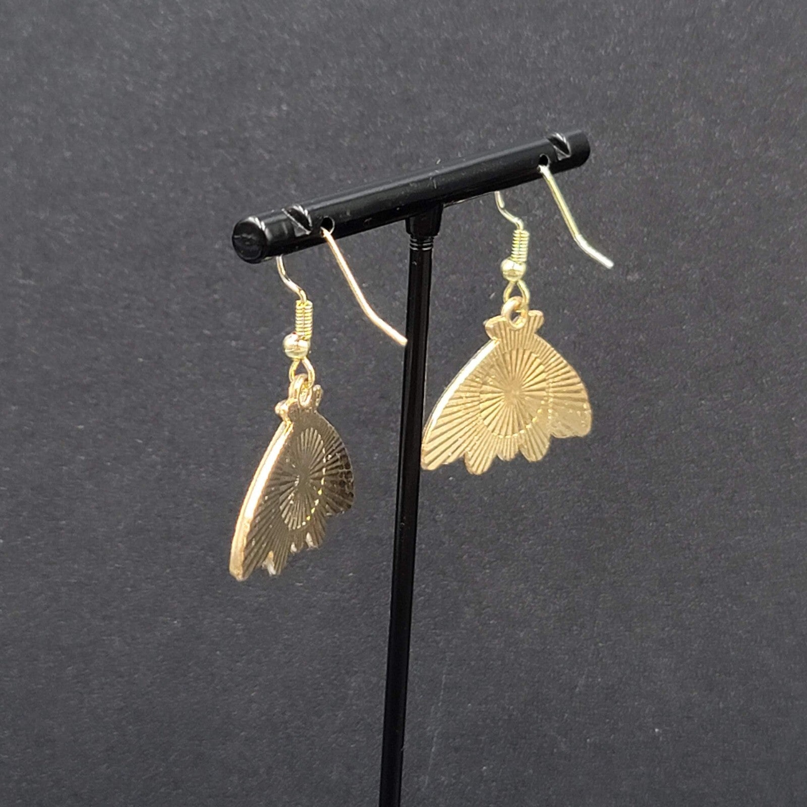 Evil Eye Moth Pierced Earrings Gold tone Blue Enamel Dangle 3/4"