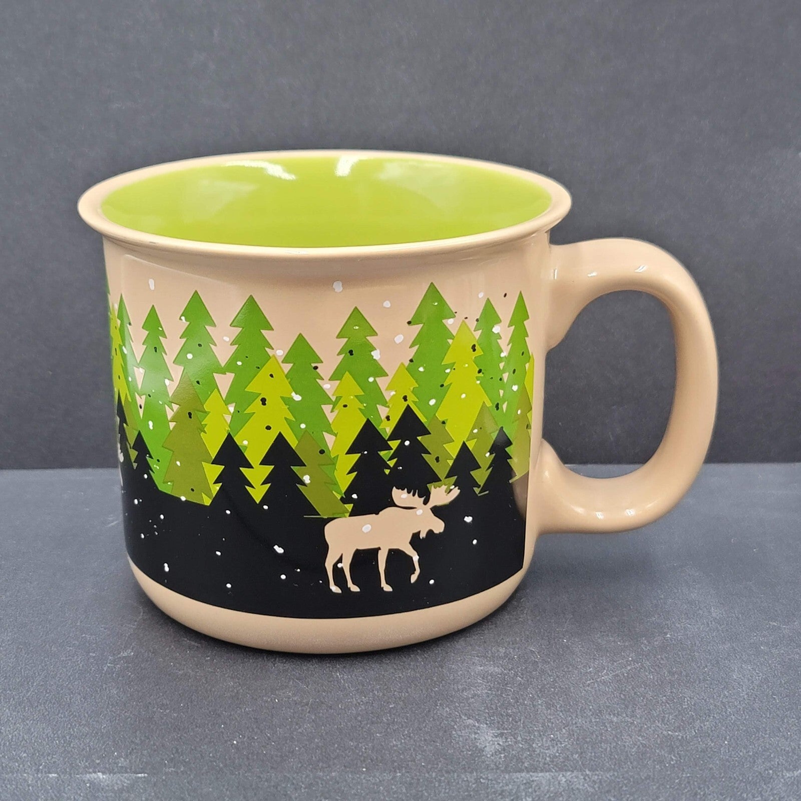 Lazy One Mug Tan Green Snowy Woodland Trees Moose Coffee Cup
