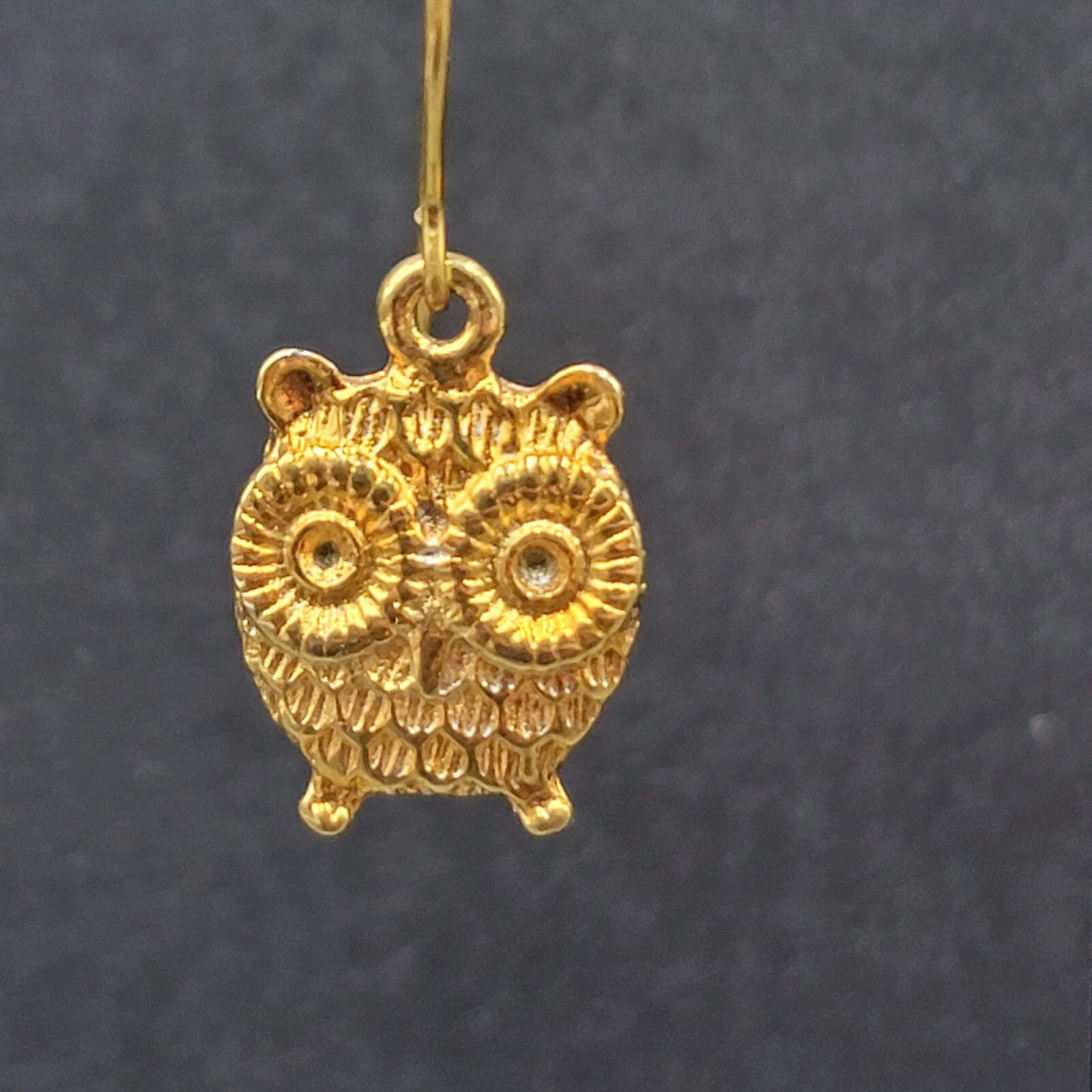 Pierced Earrings Gold tone Embossed Owl Dangle 5/8"